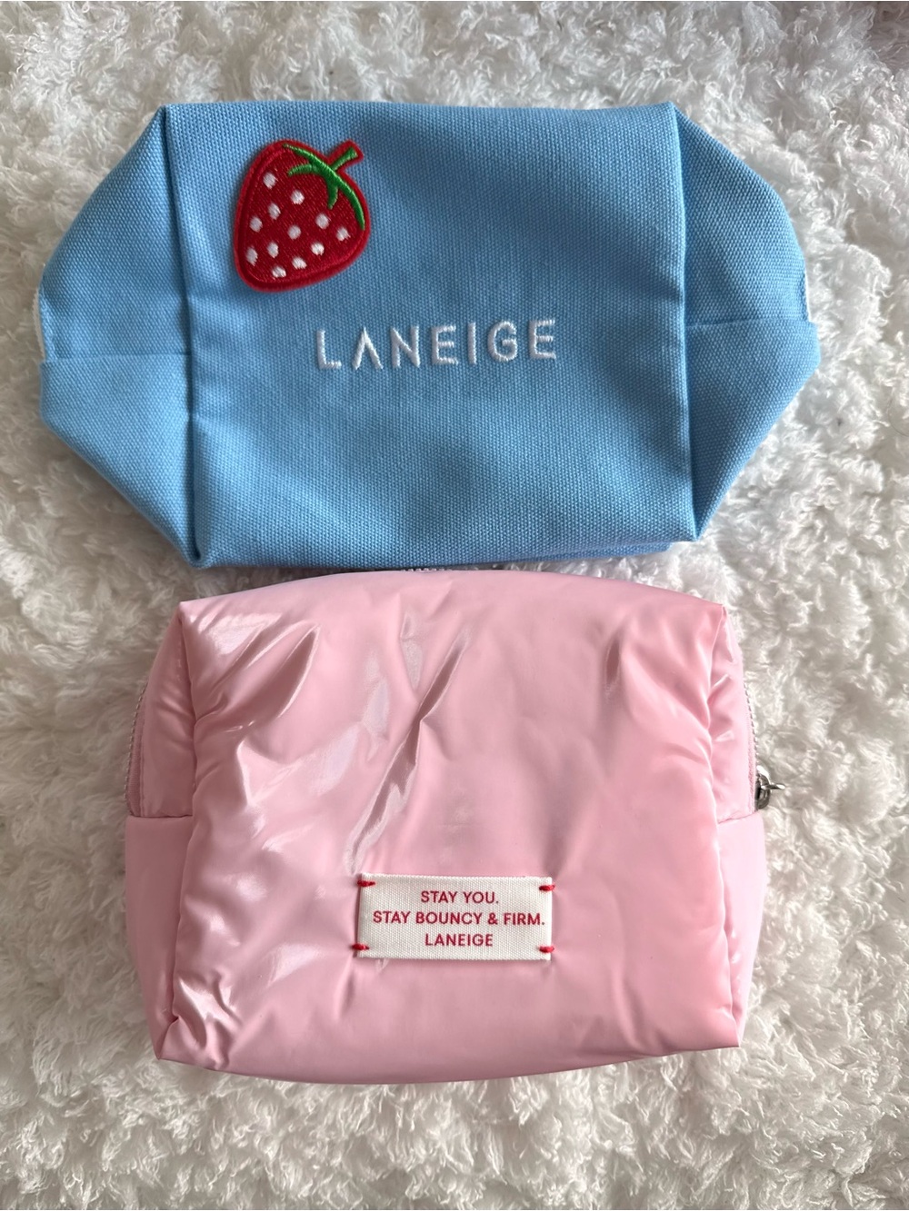 LANEIGE Light Blue Canvas Strawberry Pouch & Light Pink Glossy Cosmetic Bag